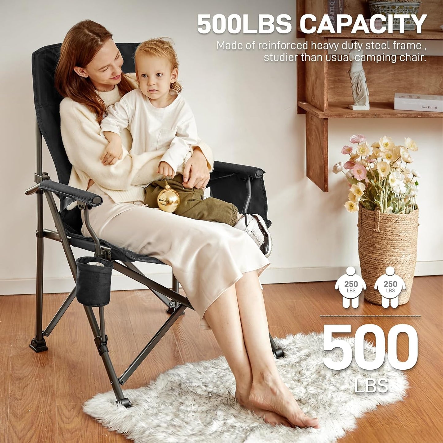 EVER ADVANCED Oversized Folding Camping Chair for Adults with Adjustable Lumbar Support, Heavy Duty Chair with Side Pockets, Portable Collapsible Quad Chair for Outside