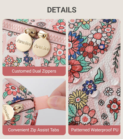 Aveniee Travel Makeup Bag for Women, Large Cosmetic Organizer with Open-Flat Design, Clear Divider & Handle - Waterproof PU Leather Toiletry Case (Floral Pattern)