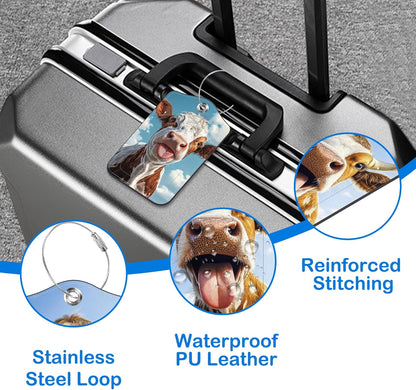 Cute Cow Sticking Out Tongue Luggage Tags for Suitcases Leather Travel Tags for Luggage ID Label with Privacy Cover and Stainless Steel Loop for Men Women Suitcase Backpack, Set of 2