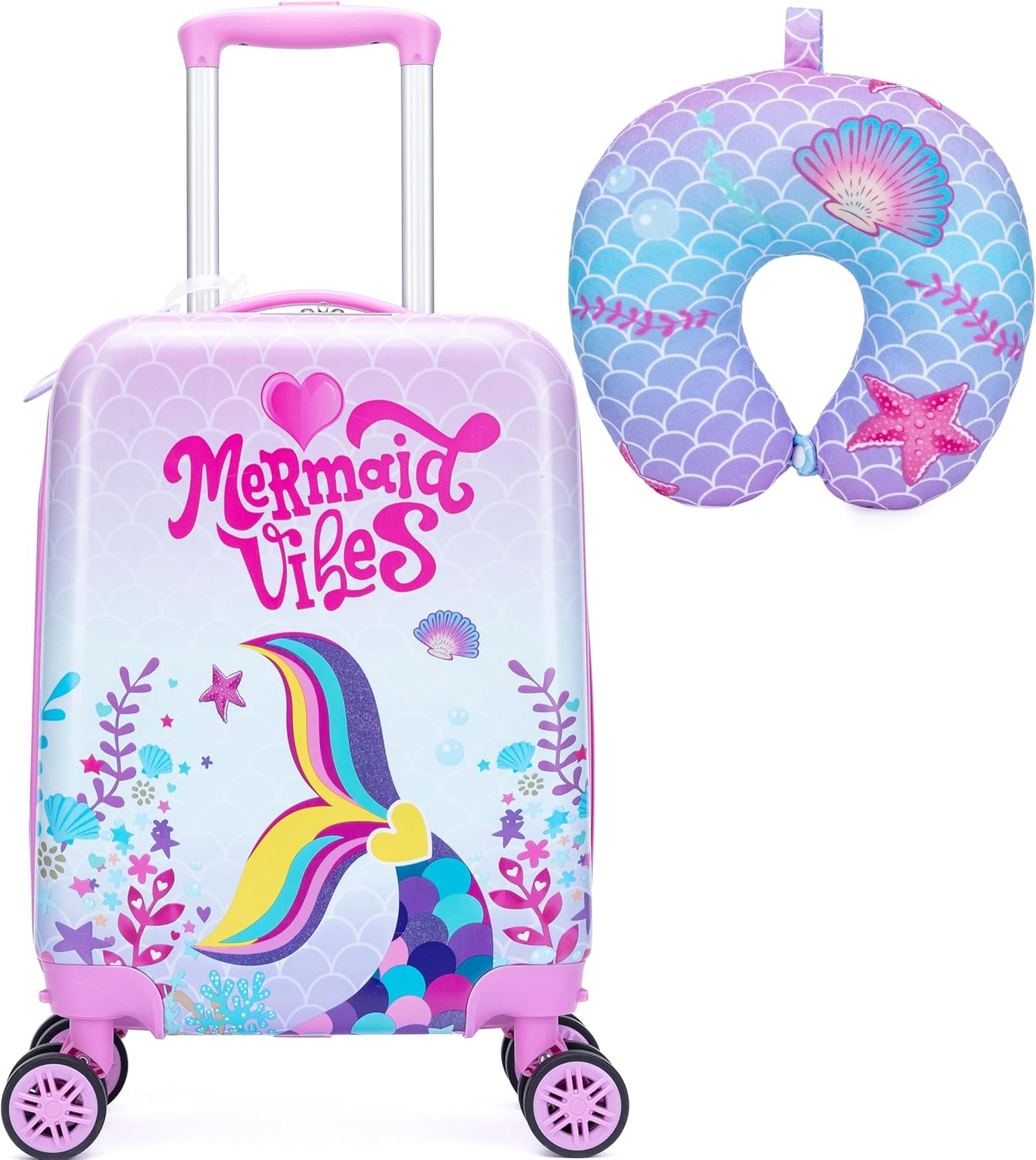 Cute Mermaid Kid’s Luggage Set 2 Piece Suitcase Set 16" Hardside Luggage with Spinner Wheels Girls Carry on Toddler Travel Rolling Luggage Airline Approved