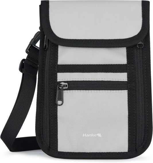 Hanke Passport Holder, Travel Wallet for Womens and Men, Neck Wallet Hidden Passport Pouch for Travel Adjustable Lightweight Thin with 6 compartments (Light Grey)