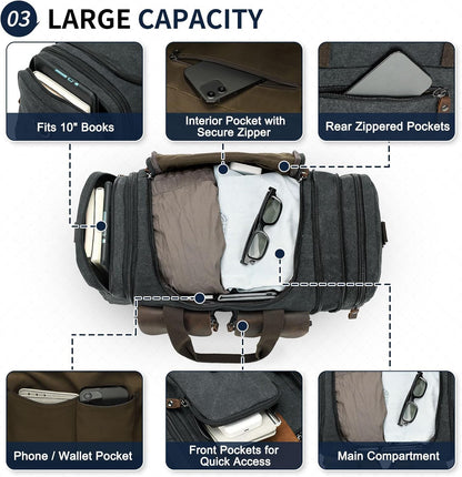 Canvas Duffle Bag with Genuine Leather Accents, Expandable 20-23 Inch Travel Weekender, Multiple Pockets, Black