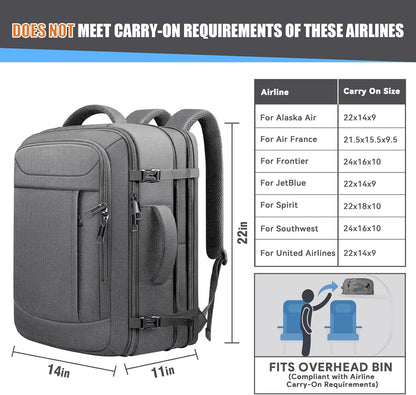 55L Travel Backpack, Carry On Backpack, Expandable 50L - 60L Anti-Theft TSA Flight Approved Large Laptop Bag, Sturdy 18.4 Inch Lightweight Water Resistant Business Bag for Men, Grey