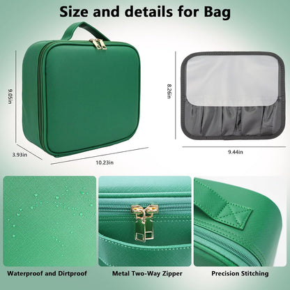 Travel Makeup Bag with LED Mirror Travel Makeup Organizer with 3 Lighted Settings, Adjustable Dividers and Makeup Brush Storage Bag Dark Green