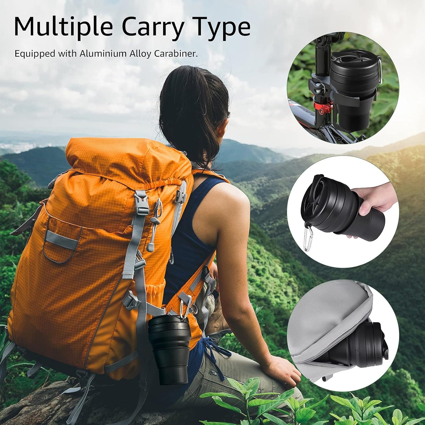 2PACK Collapsible Coffee Cup, 16 OZ 480ml Silicone Folding Camping Mug, Leak Proof BPA Free Portable Sport Bottle with Lids for hiking, Microwave & Dishwasher Safe (Black)