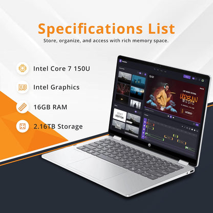 HP OmniBook 5 Flip 2-in-1 14" 2K Touchscreen Laptop, Intel 7 150U, 16GB LPDDR5, 2.16TB Storage(2TB SSD+160GB Docking Station Set), Intel Graphics, Backlit Keyboard, Wi-Fi 6E, Windows 11, Silver