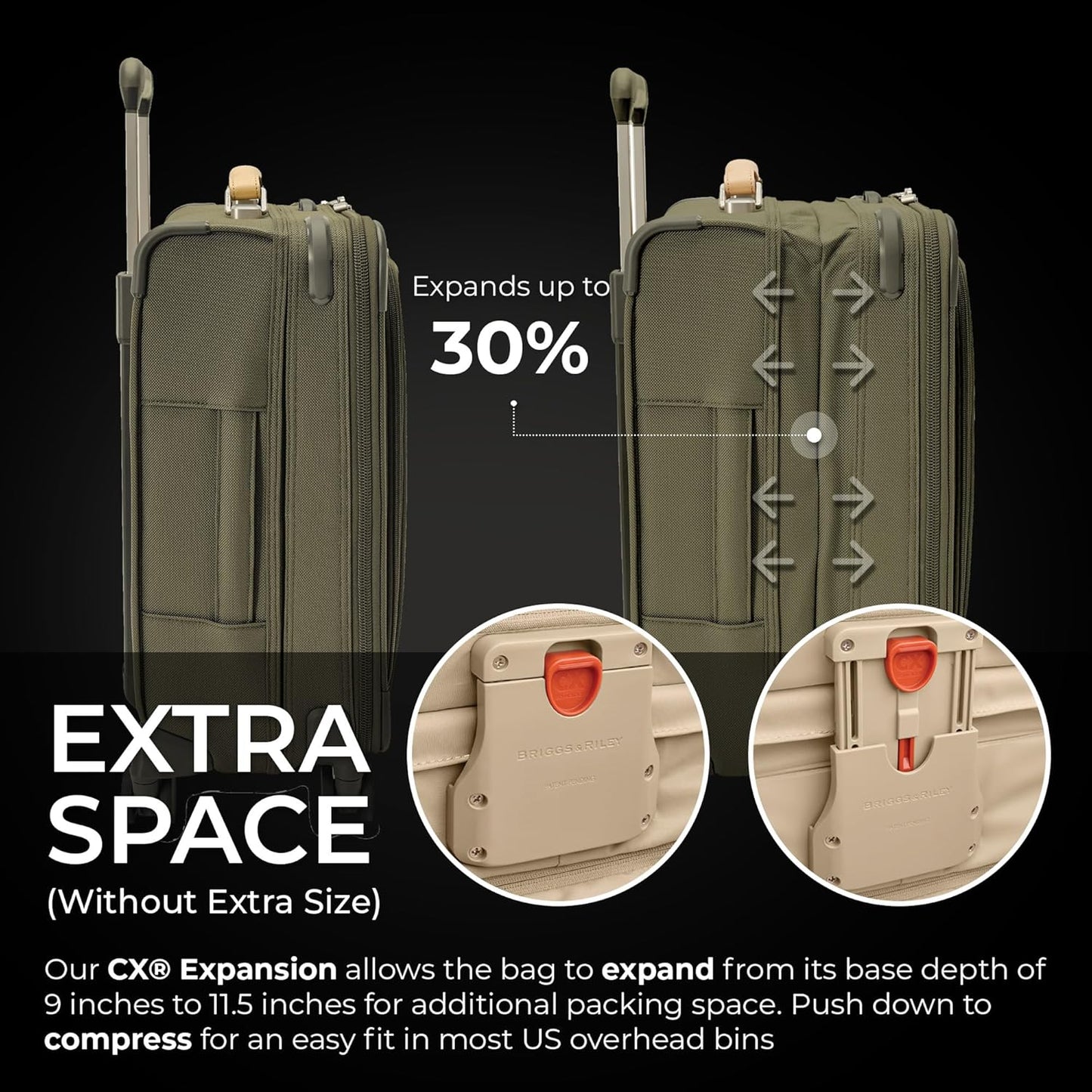 Briggs & Riley 21" Global Carry On Expandable Spinner - Luggage for International Travel, Suitcases with Wheels, Softside Rolling Bag for Men & Women, Self-Repairing Zipper- Baseline Collection, Olive