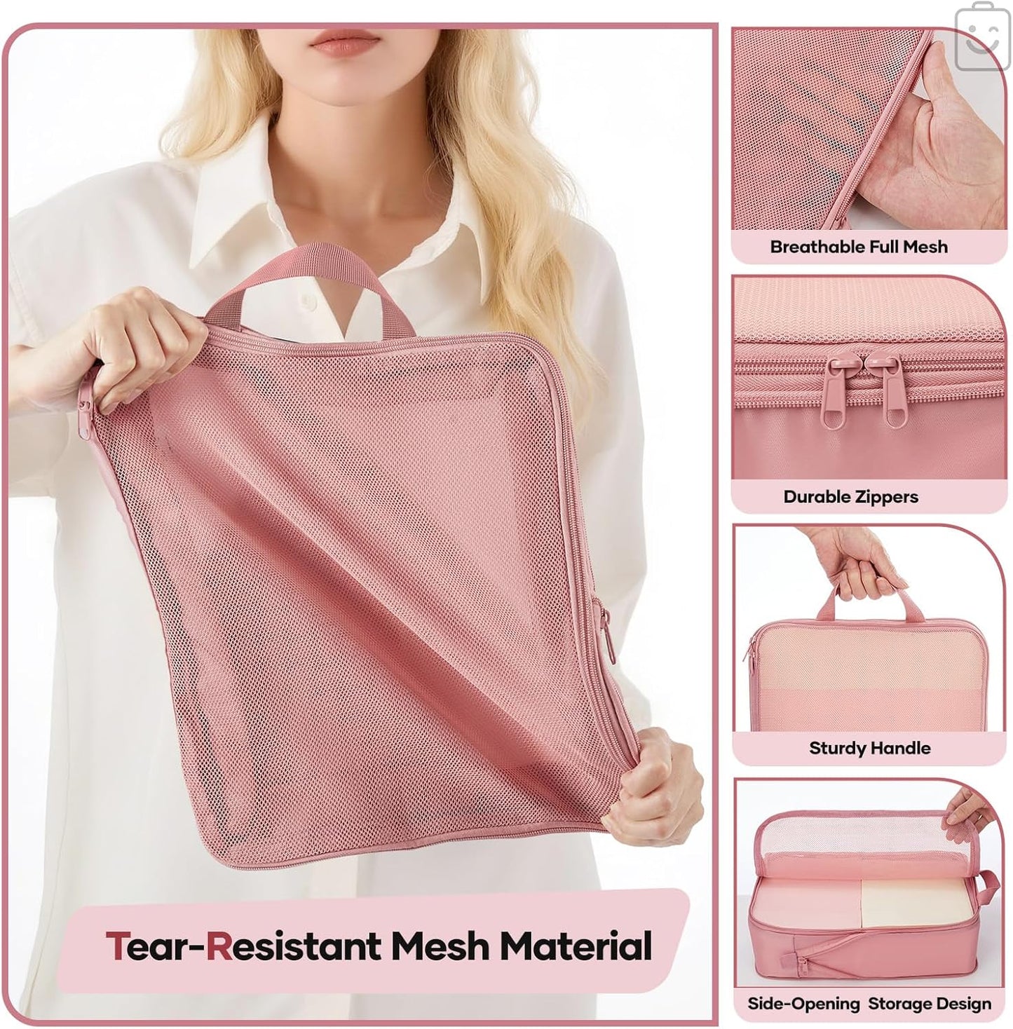 Veken 6/9/11 Set Compression Packing Cubes for Travel Essentials,Compressible Expandable Large Luggage Suitcase Organizer Bags for Clothing,Durable Space Saver Storage Bags(Pink)