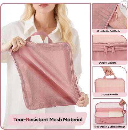 Veken 6/9/11 Set Compression Packing Cubes for Travel Essentials,Compressible Expandable Large Luggage Suitcase Organizer Bags for Clothing,Durable Space Saver Storage Bags(Pink)