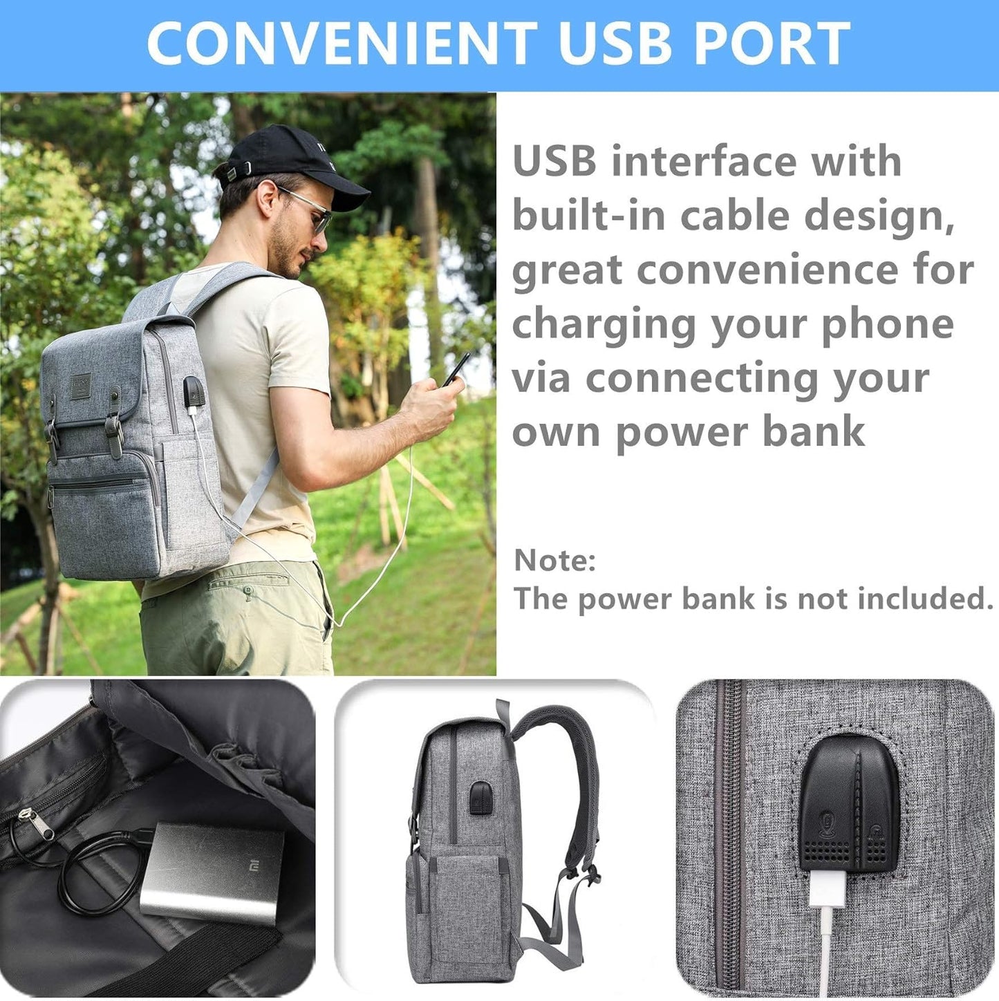 HFSX Laptop Backpack Men Women Vintage Backpack Bookbag College Backpacks Stylish Backpack Grey Fits 15.6 Inch Laptop