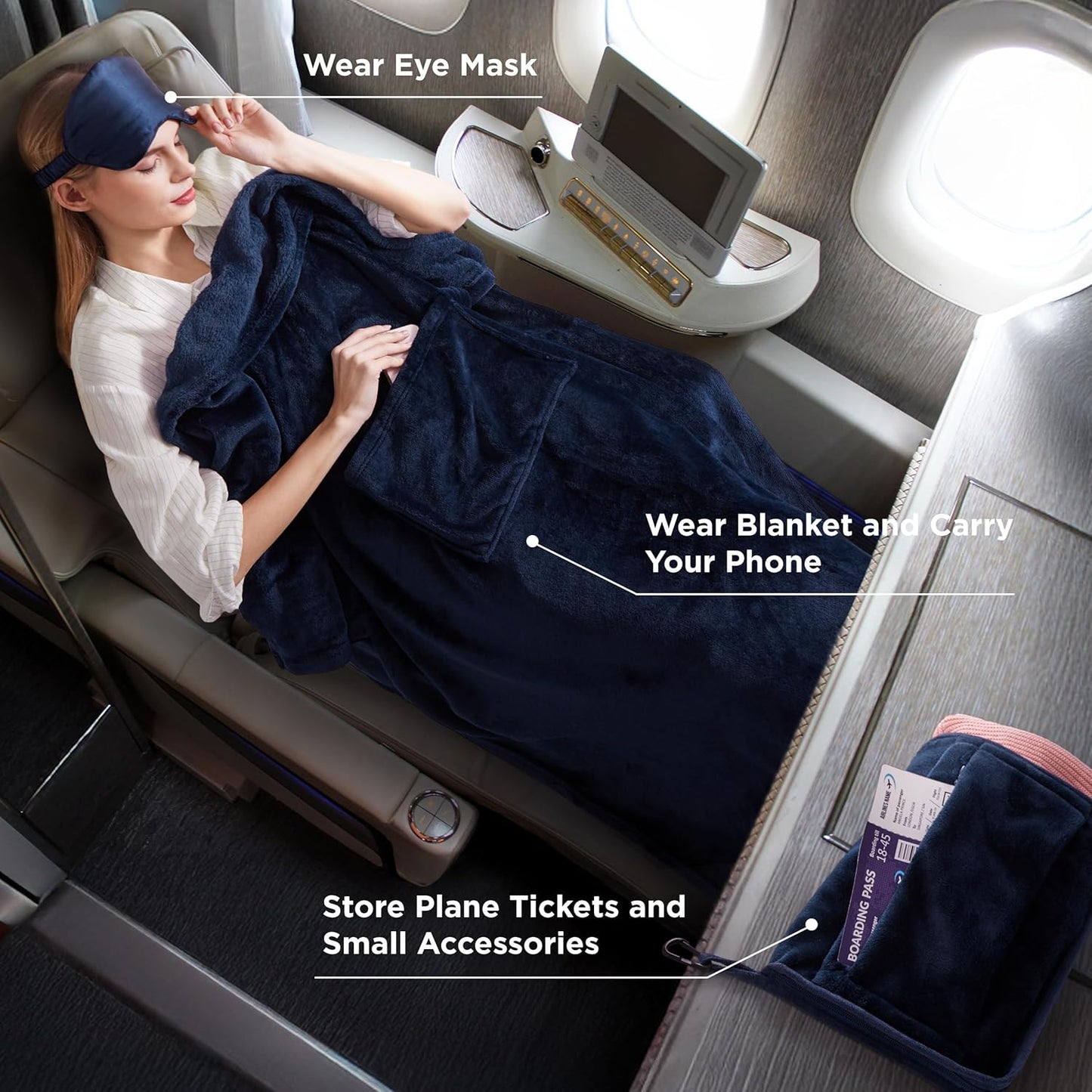 Bedsure Travel Blanket Airplane Compact with Storage Bag, Packable Blanket with Eye Mask, Lightweight 2-in-1 Travel Essentials, Functioned as Pillow for Airplane Comfort and Warmth, Navy