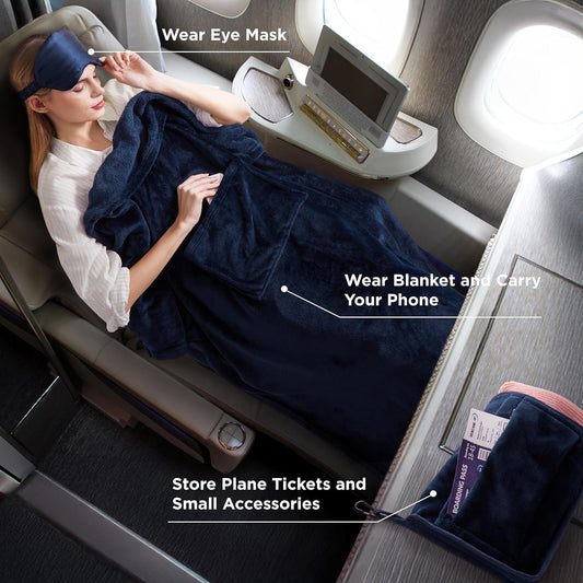 Bedsure Travel Blanket Airplane Compact with Storage Bag, Packable Blanket with Eye Mask, Lightweight 2-in-1 Travel Essentials, Functioned as Pillow for Airplane Comfort and Warmth, Navy