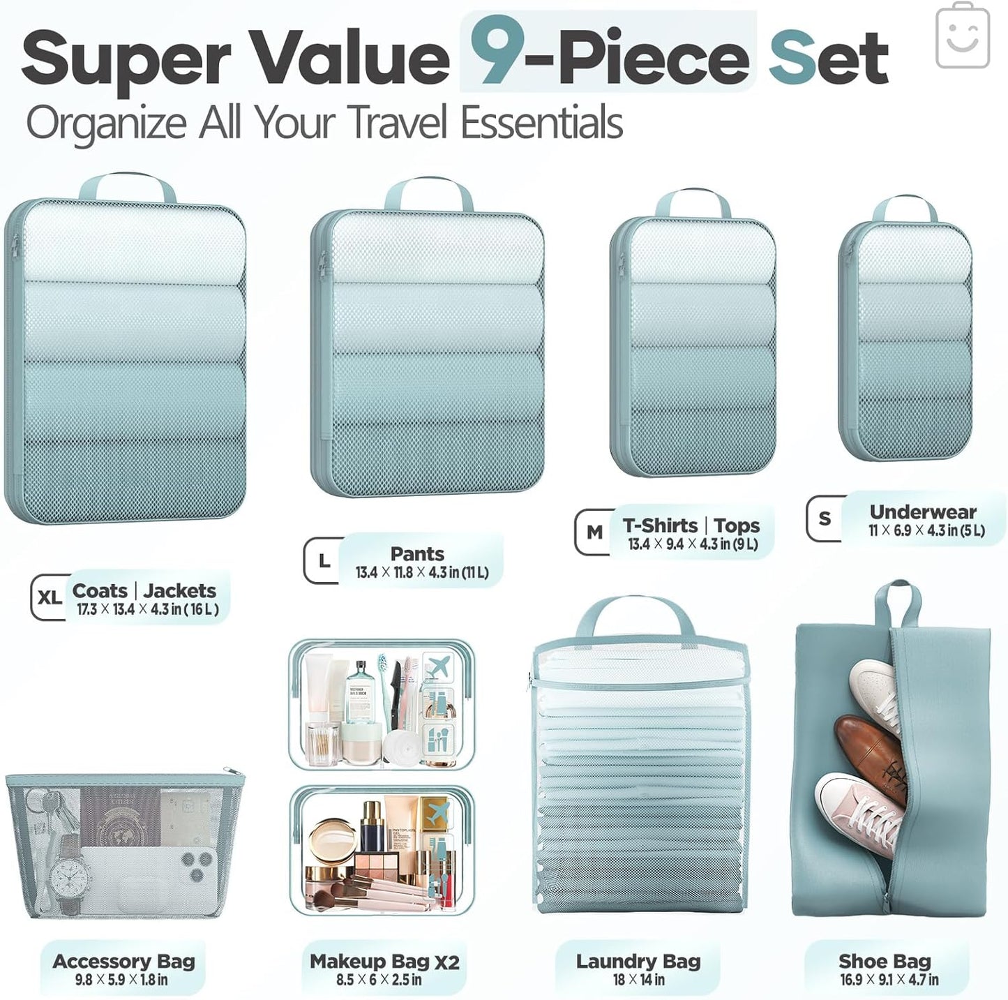 Veken 9/11 Set Compression Packing Cubes for Travel Essentials,Compressible Expandable Large Luggage Suitcase Organizer Bags for Clothing,Durable Space Saver Storage Bags with Toiletry Bags(Blue Gray)