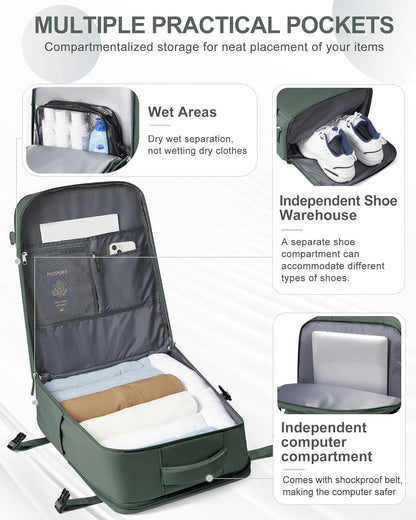 coowoz Large Travel Backpack Carry On for Women Man Waterproof Gym Backpacks Mochila de Viaje Teacher Travel Bag Essentials Personal Item Backpack Rucksack Airplane Accessories Must Haves Olive Green