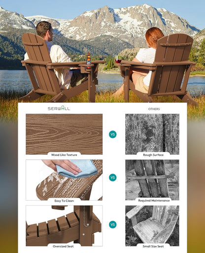 SERWALL Adirondack Chair with Cup Holders - Composite Adirondack Chairs Set of 4 HDPE Outdoor Chairs All Weather Use- Brown