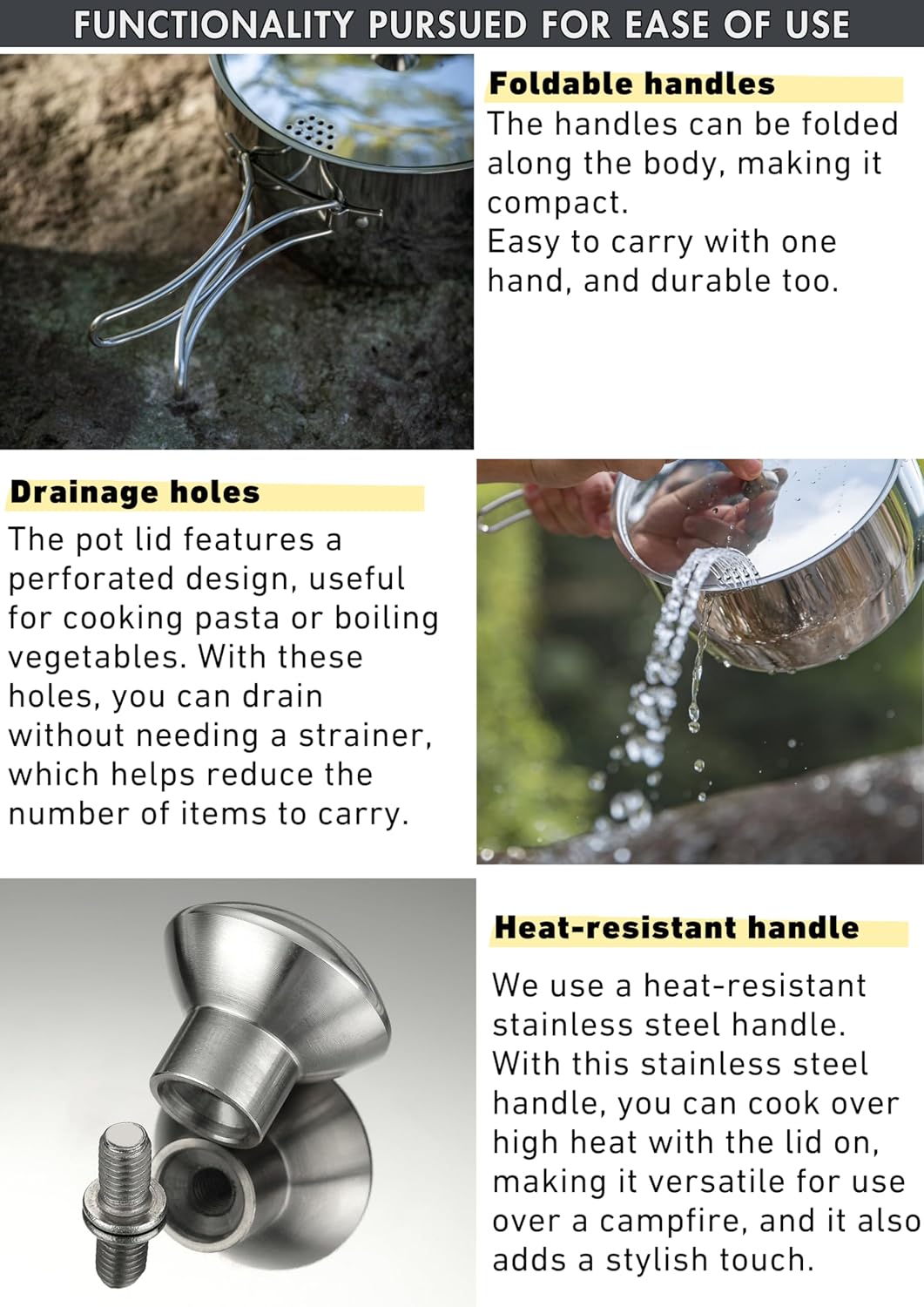 CAMPINGMOON 2 Quart Camping Saucepan 3-ply Stainless Steel Cooking Pot w/Lid Foldable Handle Compact Storage Portable IH Compatible CC-18