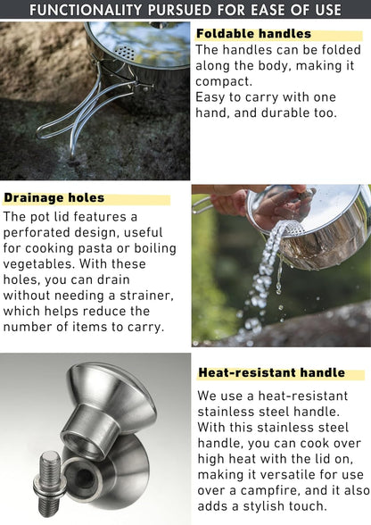 CAMPINGMOON 2 Quart Camping Saucepan 3-ply Stainless Steel Cooking Pot w/Lid Foldable Handle Compact Storage Portable IH Compatible CC-18