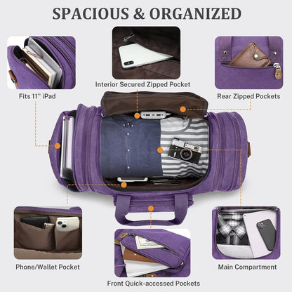 Gonex Canvas Duffle Bag for Travel 50L Expandable Duffel Weekend Overnight Bag (Purple)