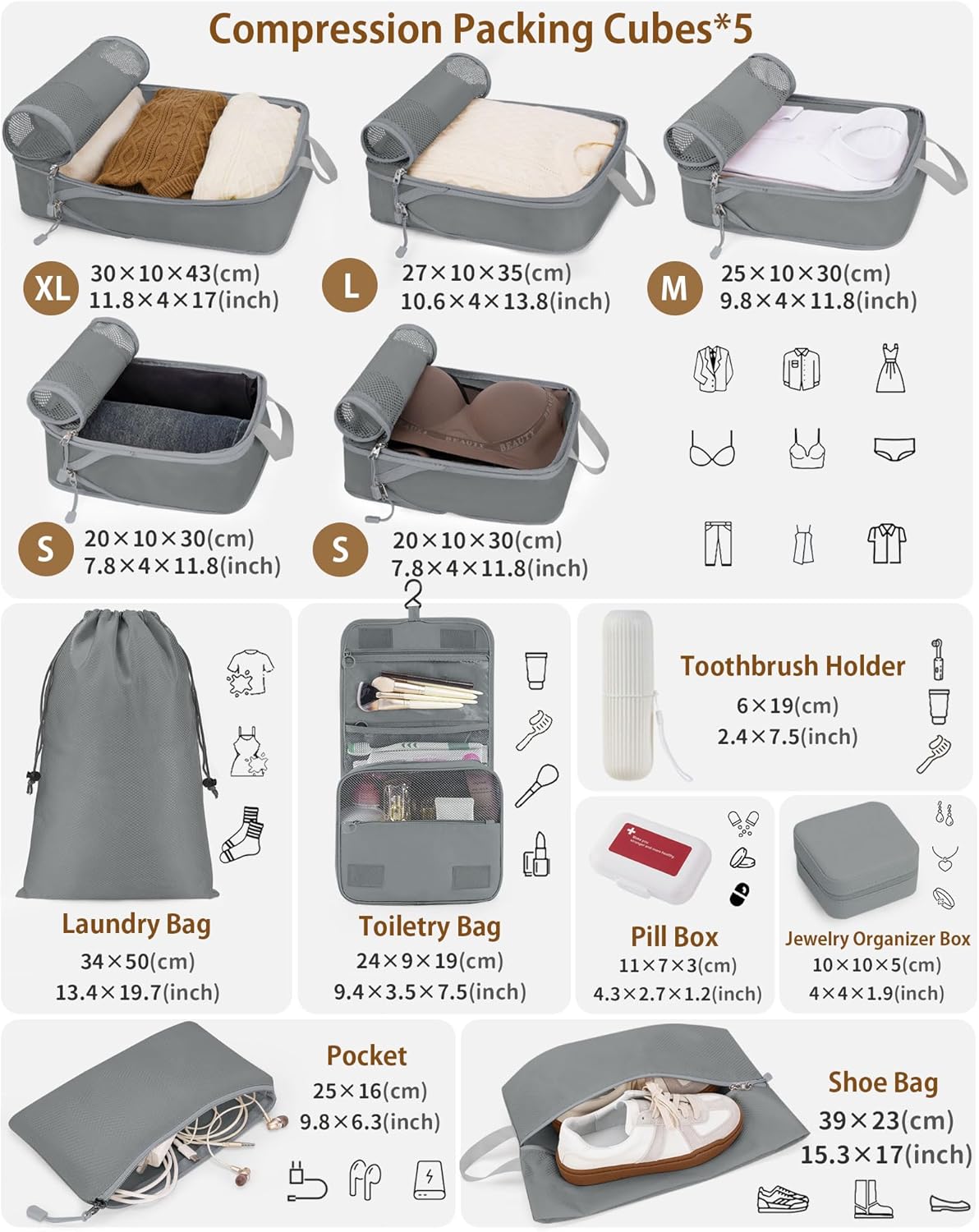 Compression Packing Cubes 12 Set, Suitcase Organizers, Extendable Packing Cubes, Gray