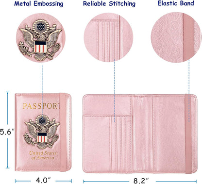 TOURSUIT RFID Passport and Vaccine Card Holder Combo, Travel Document Case Cover, Leather Wallet Organizer Women with Vax Vaccination Protector Slot (Rose Gold)