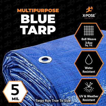 Better Blue Poly Tarp 8' x 10' - Multipurpose Protective Cover - Lightweight, Durable, Waterproof, Weather Proof - 5 Mil Thick Polyethylene - by Xpose Safety