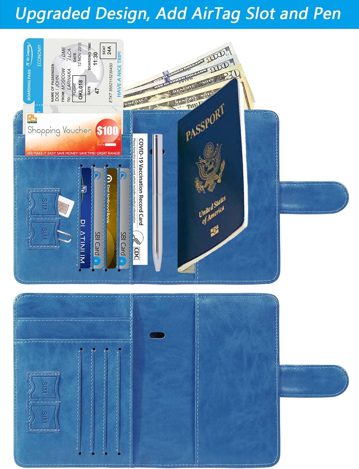 Airtag Passport Holder Cover Wallet RFID Blocking Leather Case Travel Essentials Luggage Accessories Travel Must Have(118#Blue)
