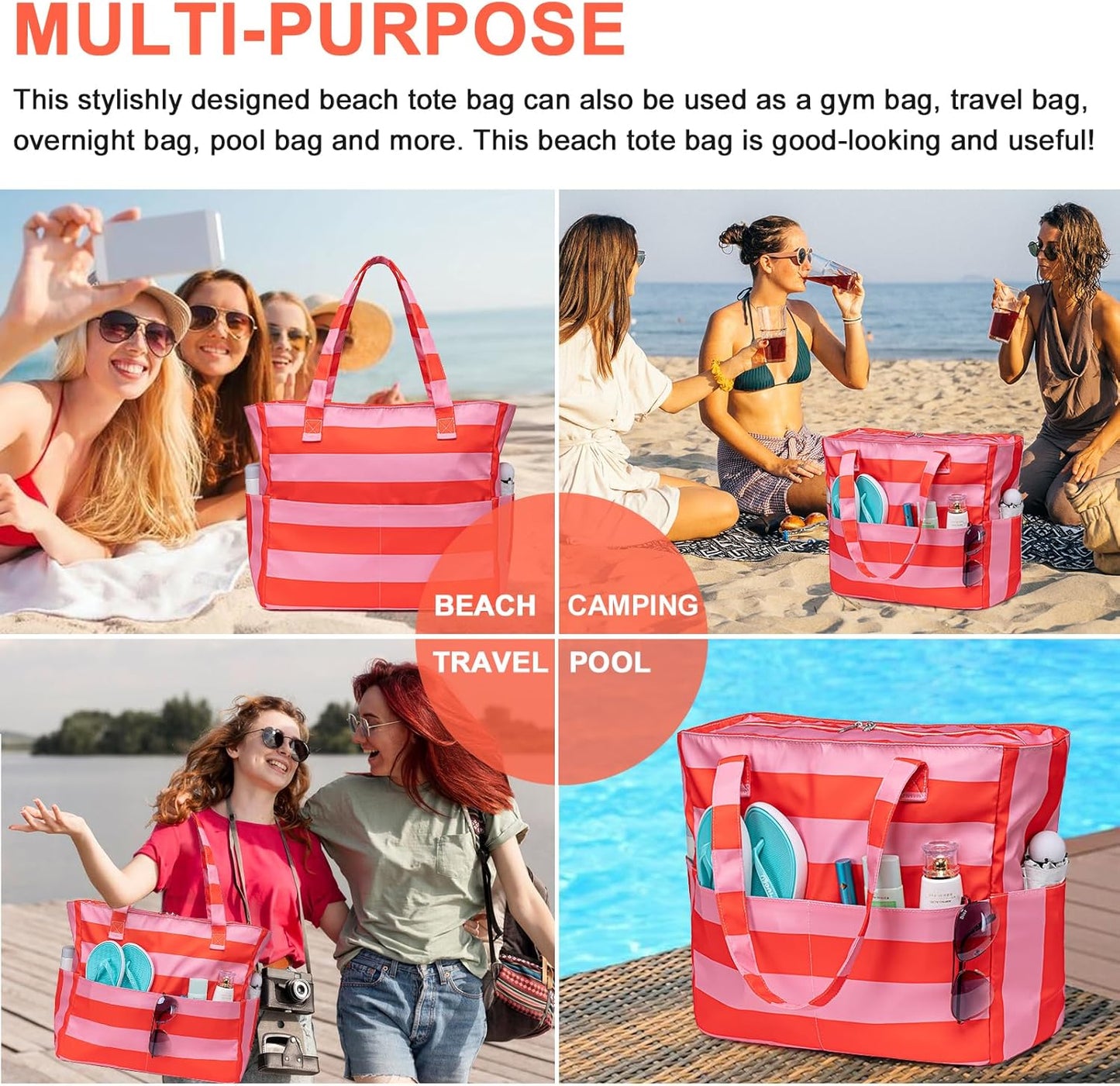 Waterproof Beach Tote Pool Bags for Women Ladies Extra Large Gym Tote Carry On Bag With Wet Compartment for Weekender Travel