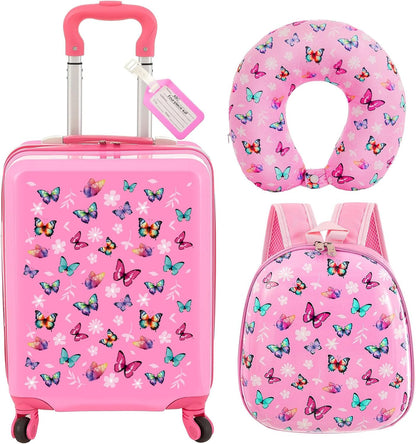 Sanwuta 4 Pcs Kids Luggage Set Kids Backpack Travel Rolling Suitcase with Wheels U-shape Pillow Childrens Gift for Girls Boys(17 Inch,Butterfly Style,Rose Pink)