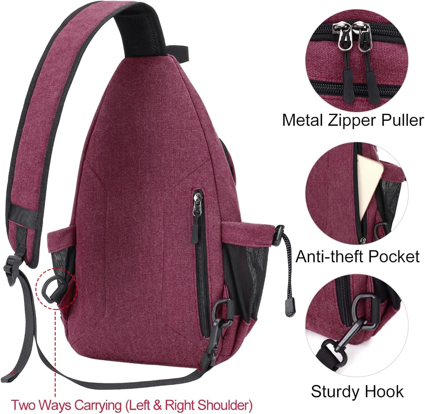 MOSISO Sling Backpack,Canvas Crossbody Hiking Daypack Bag with Anti-theft Pocket, Wine Red