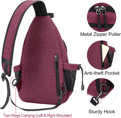 MOSISO Sling Backpack,Canvas Crossbody Hiking Daypack Bag with Anti-theft Pocket, Wine Red