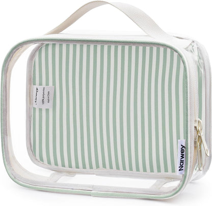 Narwey TSA Approved Clear Toiletry Bag for Travel, Waterproof PVC Clear Makeup Bags, Portable Compact Cosmetic Bag Make Up Organizer, Airport Airline Quart Size Compliant Bag (Mint Green Stripe)