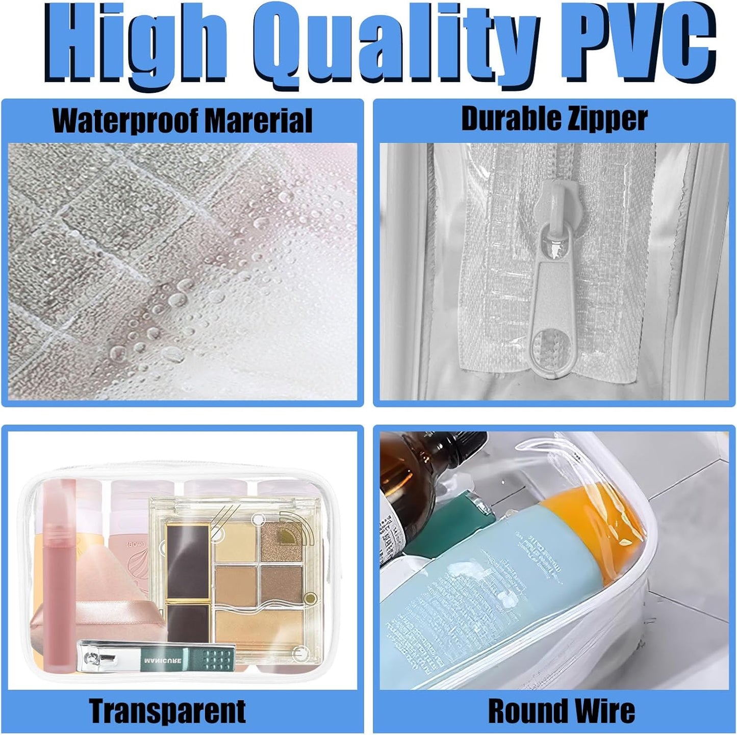 12 Pieces Clear Cosmetic Bag, PVC Waterproof Makeup Bags with Zipper, TSA Approved Toiletry Bag for Travel, Transparent Pouches Organizer Storage for Men and Women (White, Small)