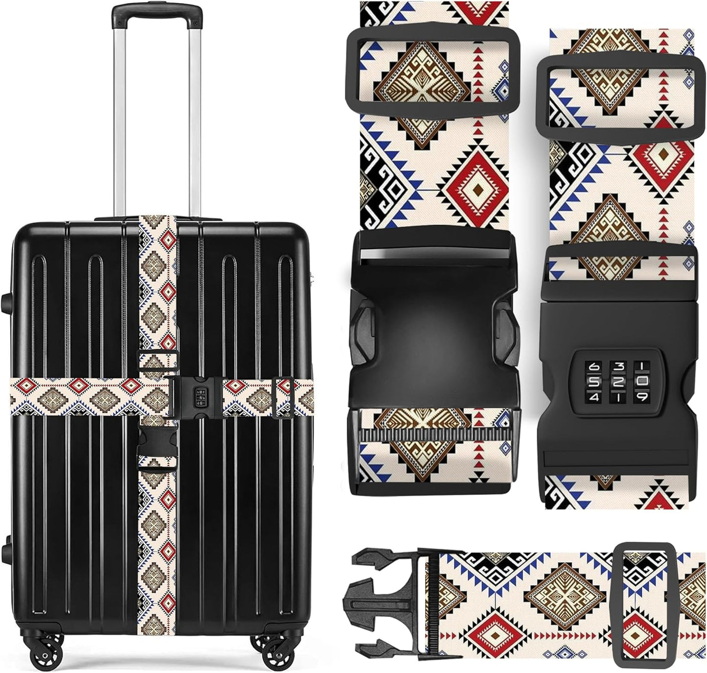 2 Pack Luggage Straps, Adjustable Cute Printing with Combination Lock Luggage Straps for Women Men Travel School Business Trips-Boho