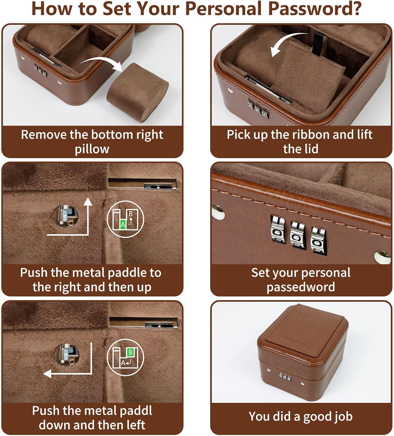 KAMIER Watch Travel Case with Combination Lock - 2 Watch Storage and Jewelry Organizer - Watch Case for Ring and Watch Storage, PU Leather Travel Watch Case, Ideal for Gift (With Gift Box) (Brown)