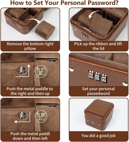 KAMIER Watch Travel Case with Combination Lock - 2 Watch Storage and Jewelry Organizer - Watch Case for Ring and Watch Storage, PU Leather Travel Watch Case, Ideal for Gift (With Gift Box) (Brown)