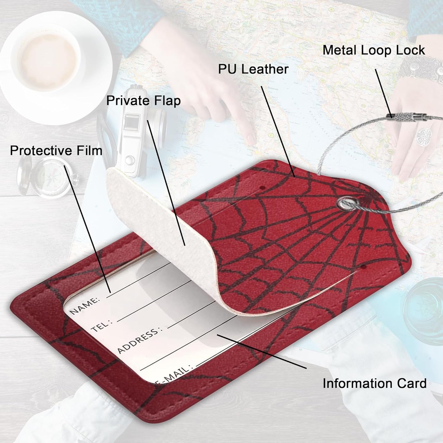 2 Pack Leather Luggage Tag for Suitcase Spider Web Cool Red Black Unique Travel Tags with Privacy Cover ID Label & Stainless Steel Loop for Men and Women Baggage