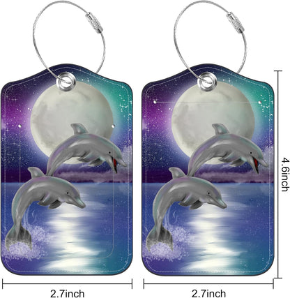 Set of 2 Luggage Tags for Suitcase Moon Night and Jumping Dolphin Leather Baggage Tags Set with Stainless Steel Loop Name Address Labels Privacy Cover for Men Women Travel Bag Suitcase