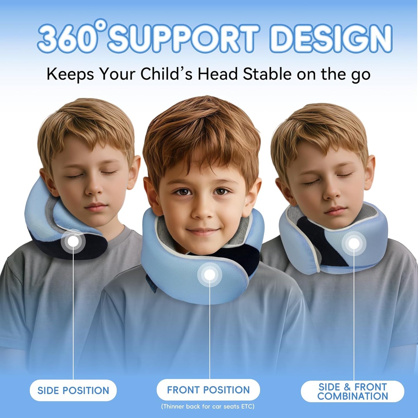 Junior Kids Travel Neck Pillow - Ergonomic Memory Foam Pillow for Airplane, Car, Booster Seat - Soft, Washable, Compact Travel Pillow with Strap - Light Blue - Ages 4–13