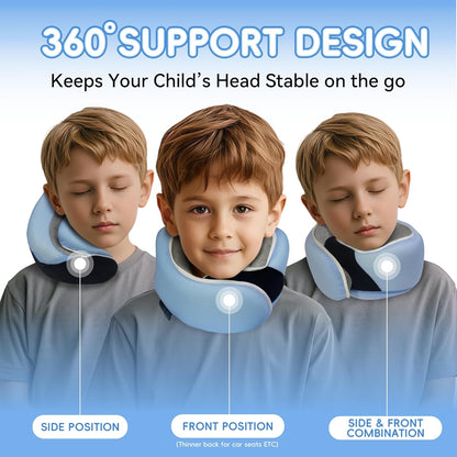Junior Kids Travel Neck Pillow - Ergonomic Memory Foam Pillow for Airplane, Car, Booster Seat - Soft, Washable, Compact Travel Pillow with Strap - Light Blue - Ages 4–13