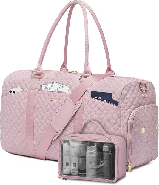 Women Weekender Travel Duffle Bag: Travel Duffel Overnight Bags with Shoe Compartment Large Carry on Tote Bag with Toiletry Bag Weekend Traveling Yoga Gym Hospital for Women with Wet Pocket Pink