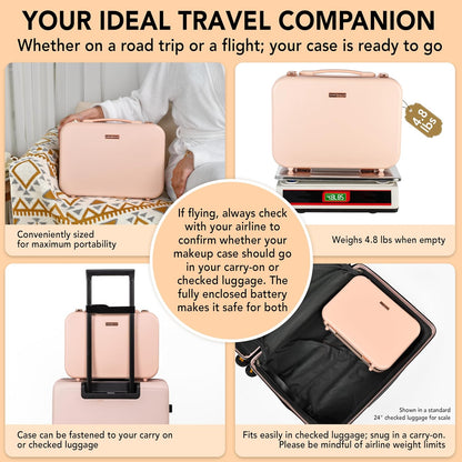 Lighted Makeup Case with Mirror - Large Size 13.4" x 10.2" - Travel Makeup Case With Mirror - Rechargeable LED Travel Vanity Case with Adjustable Brightness - Train Case Makeup Bag - Pink