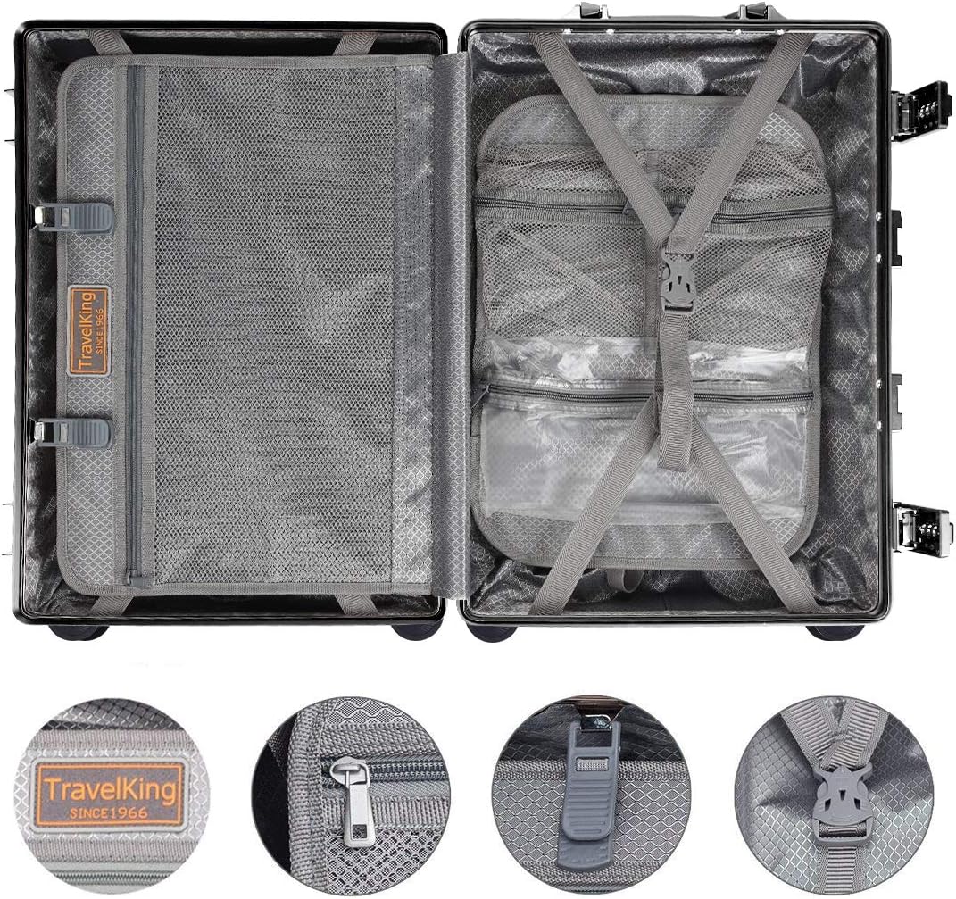 TRAVELKING All Aluminum Carry On Luggage with TSA Locks Zipperless Alloy Metal Hard Shell Spinner Suitcase (Metallic, 20 Inch)
