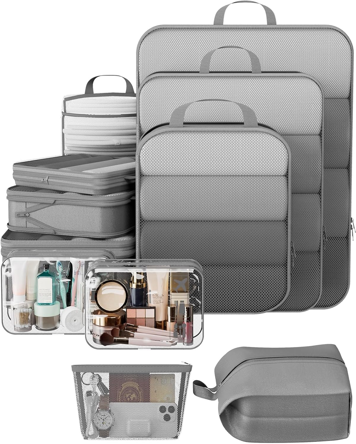 Veken 11 Set Compression Packing Cubes for Travel Essentials,Compressible Expandable Large Luggage Suitcase Organizer Bags for Clothing,Durable Space Saver Storage Bags with Toiletry Bags(Gray)