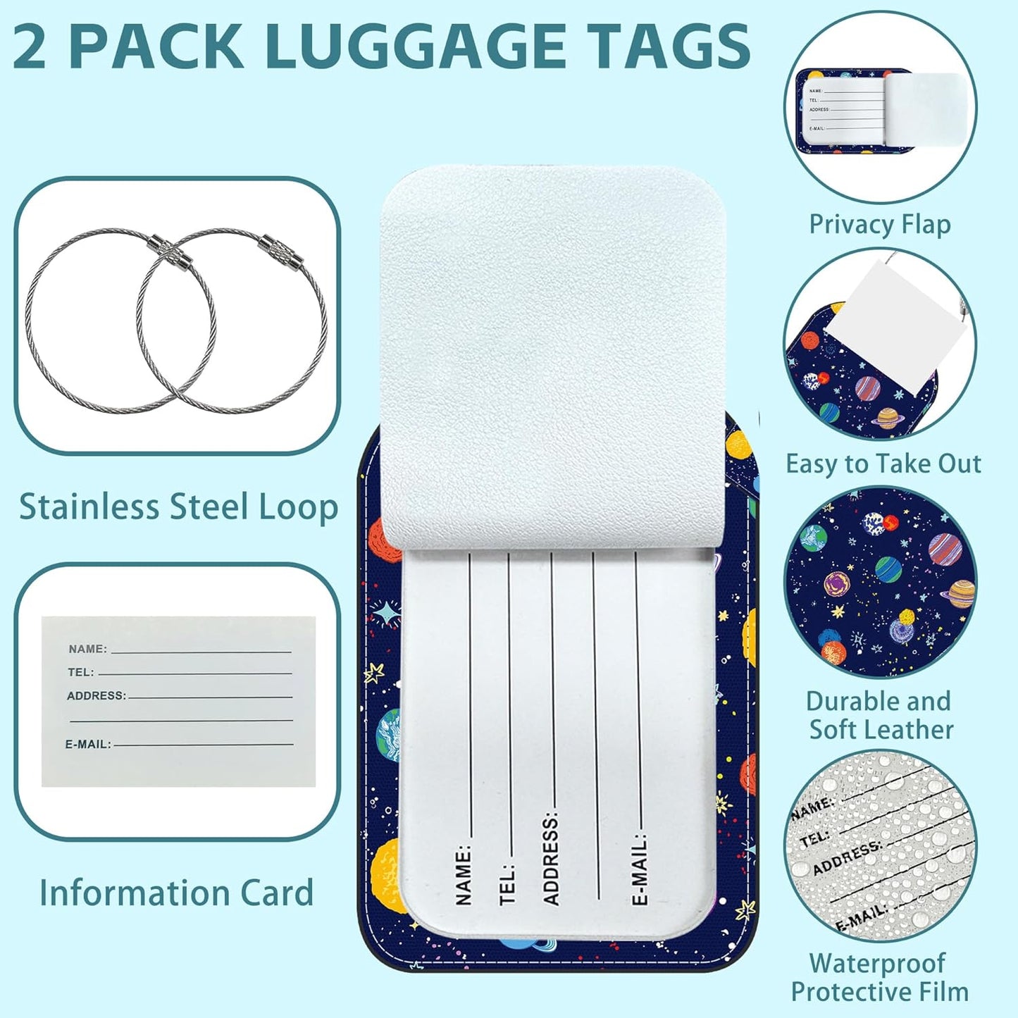 Space Planets Luggage Tag for Suitcase Set of 2 PU Leather Cute Luggage Tags with Stainless Metal Loop ID Label Privacy Flap Suitcase Tags for Women and Men Travel