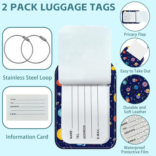 Space Planets Luggage Tag for Suitcase Set of 2 PU Leather Cute Luggage Tags with Stainless Metal Loop ID Label Privacy Flap Suitcase Tags for Women and Men Travel