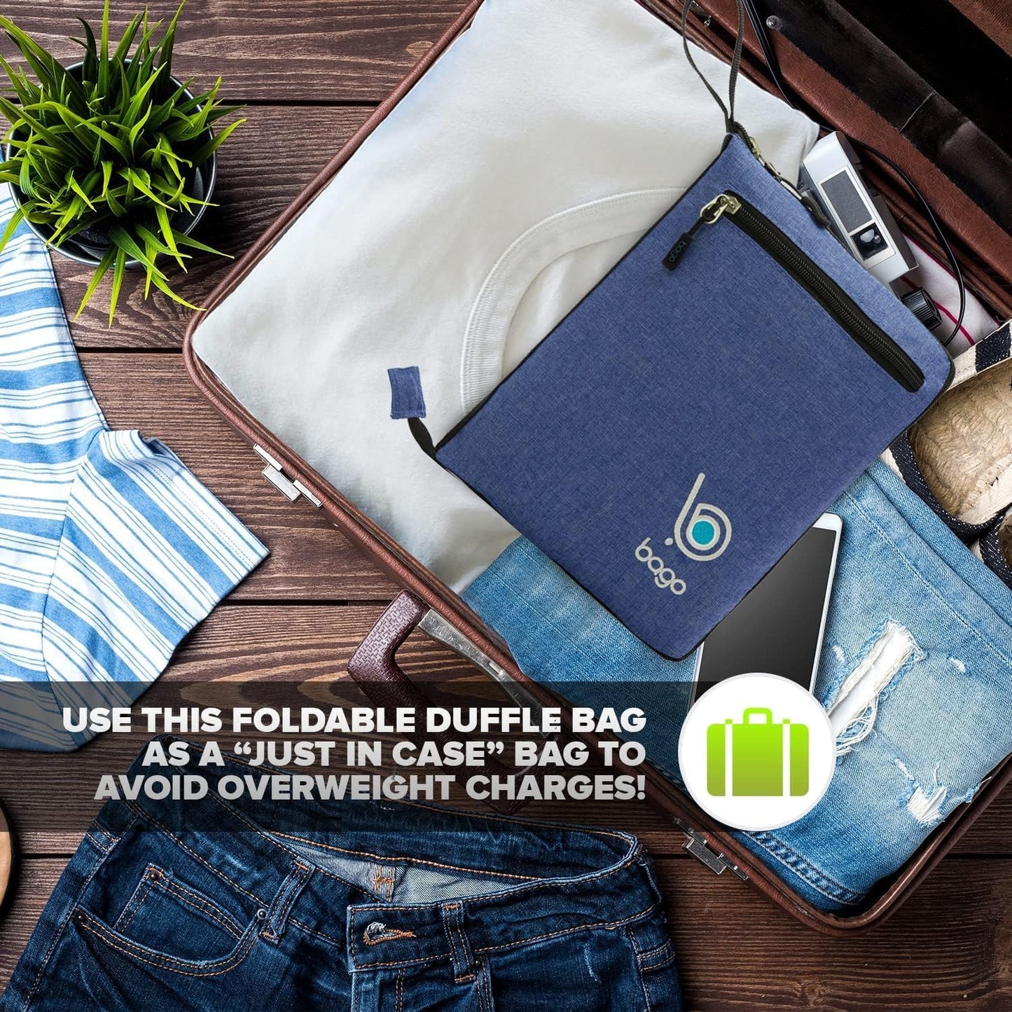 Bago Foldable Duffel Bags for Traveling Women & Men - 40L Sports Packable Duffle Bag for Travel with Shoe Compartment - Water Repellant, Heavy Duty, Lightweight Folding & Collapsible (SnowDepBlue)