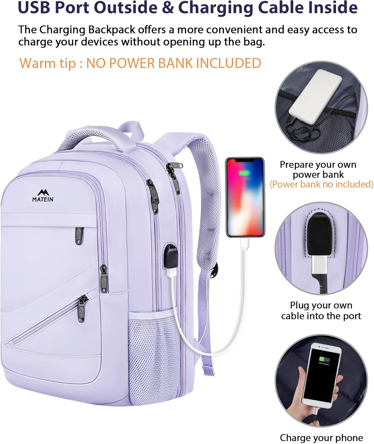 MATEIN Extra Large Laptop Backpack Women, 50 L Carry On Work Travel Bag with USB Port and Anti Theft Pocket, Water Resistant College Backpacks Fit 18.4 In Notebook Computer, Purple