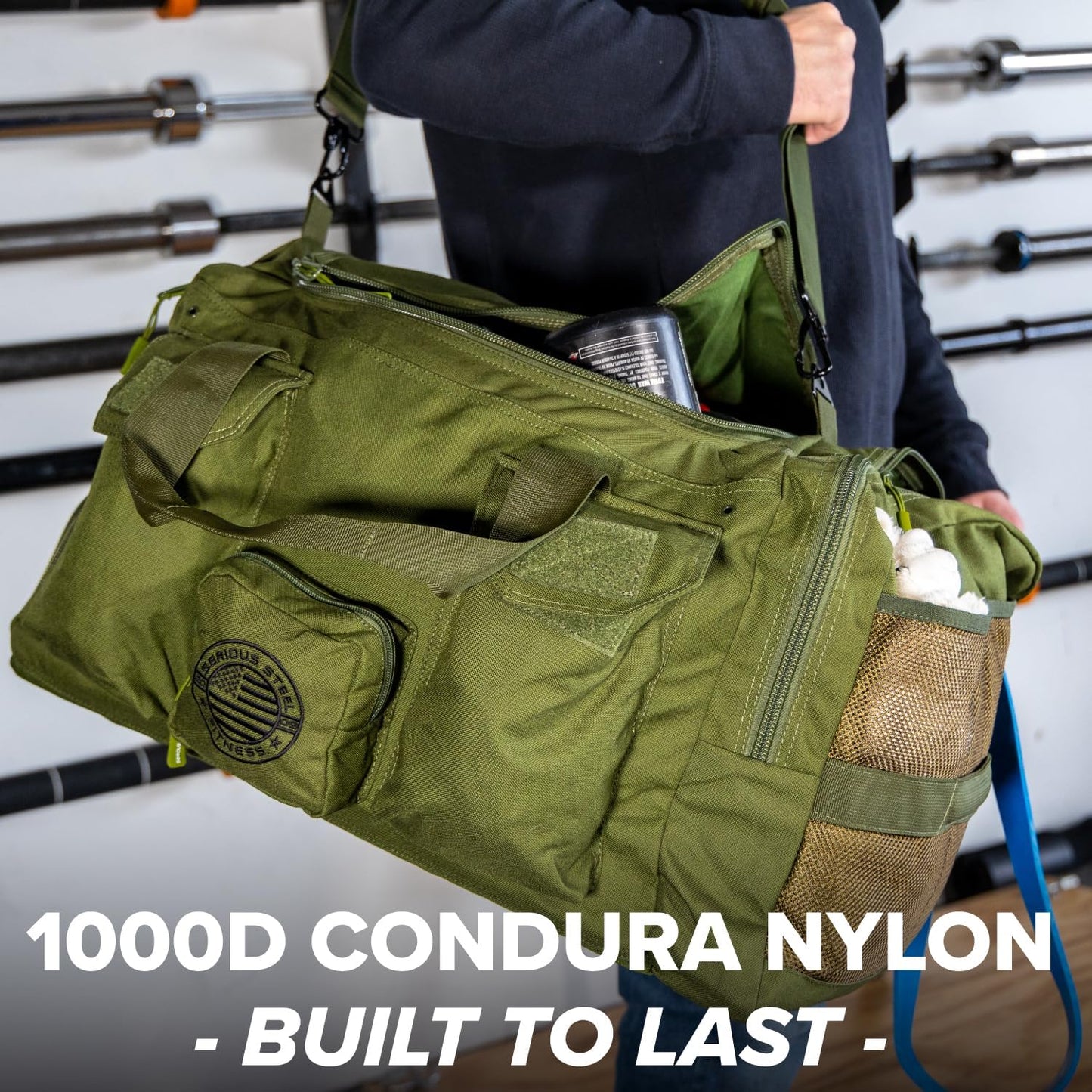 Serious Steel Fitness Heavy Duty 1000D Nylon Duffel Gym Bag (Green - Big Bud)