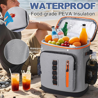 SUNUP 35 Cans Waterproof Cooler Backpack, Soft Insulated Leak Proof Backpack Cooler for Men Women, Large Capacity Ice Chest for Beach, Hiking, Camping, Travel, Outdoor, Grey