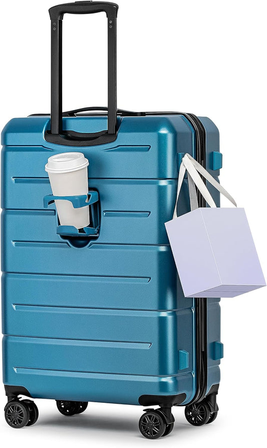KYME 26 Inch Luggage TSA Approved Hardshell 26" Suitcases with Spinner Wheels Durable Medium Travel Checked Luggage with Cup Holder for Women Men Blue
